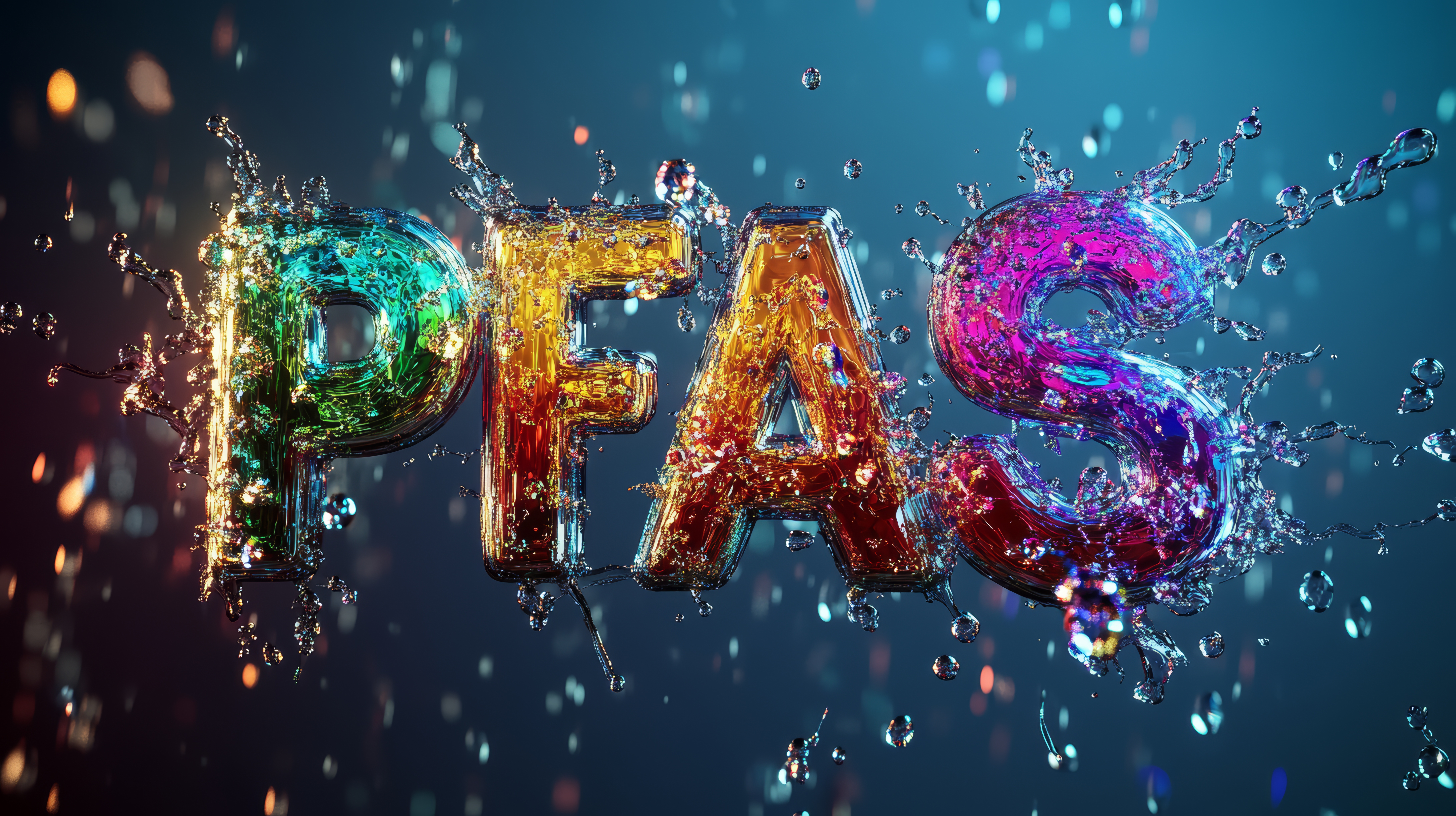 The letters PFAS in multicolours against a teal background with water droplets coming from the lettering