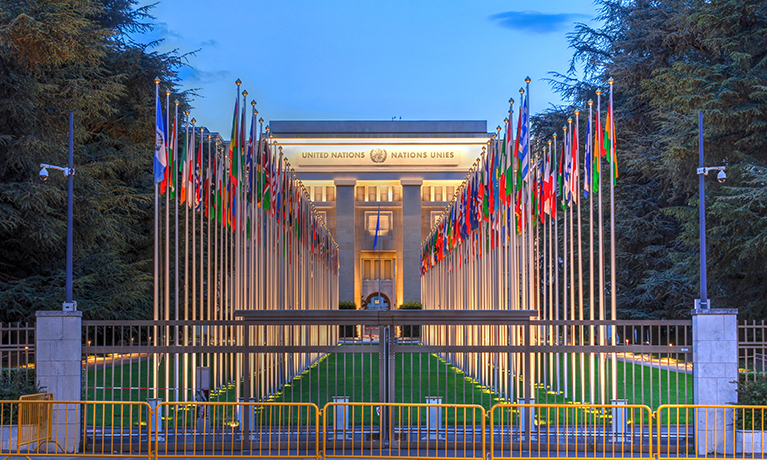 World flags outside the United Nations Geneva at dusk 