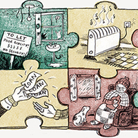 Illustration of a jigsaw showing signs of poverty such as expensive heating and poor quality housing