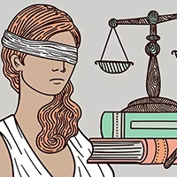 Illustration of lady justice next to books and a scale