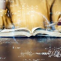 A woman sitting at a desk with an open book. Equations overlay the image