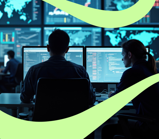 Two people seated at computer monitors in a control room, with screens showing data, graphs, code, and maps.