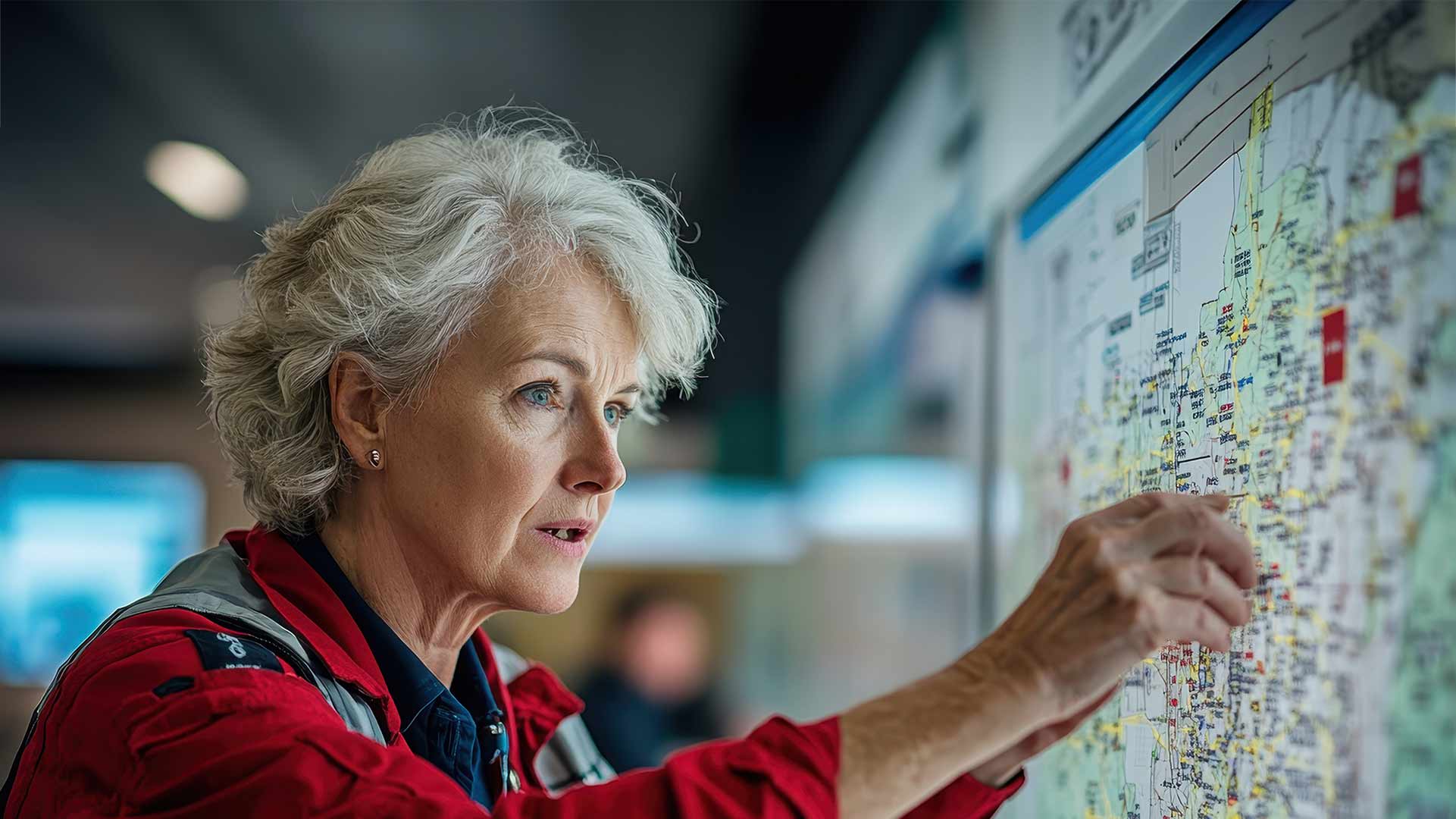 An older woman in an emergency room pinning a pin in a map 
