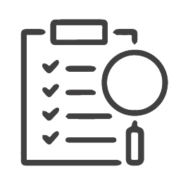 Outline of a clipboard with lines and ticks and a magnifying glass